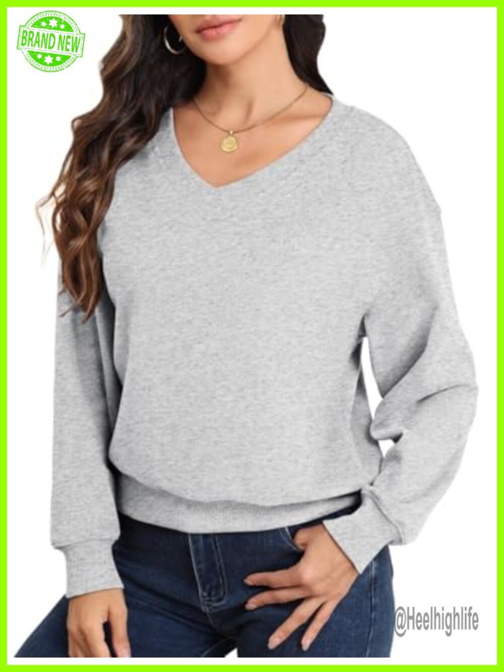 V Neck Long Sleeve Fleece Lined Cropped Sweatshirt Relaxed Pullover